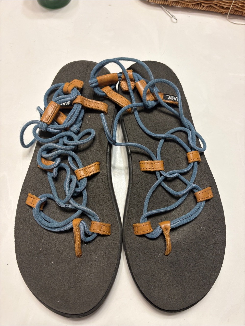 Teva Black Footbed Sandals with Blue Rope and Brown Tabs